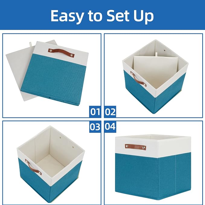 Temary Cube Storage Bins Storage Cube Bins for Home, 4 Pack Fabric Storage Bins for Organization, Storage Cubes 13x13 Cube Baskets with Leather Handles (White&Teal) - Image 5