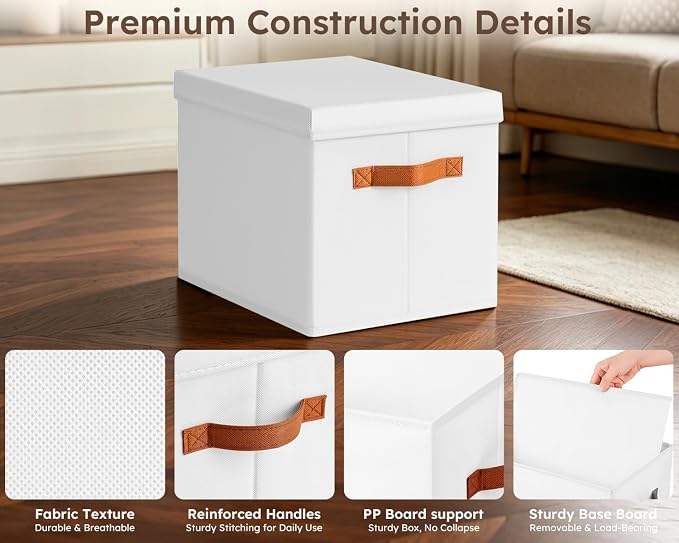 Storage Bins with Lids - Fabric Storage Baskets for Shelves, 6 Pack Foldable Decorative Boxes with Handles, Stackable Organizer Bins for Home, Nursery, Dorm, White - Image 6