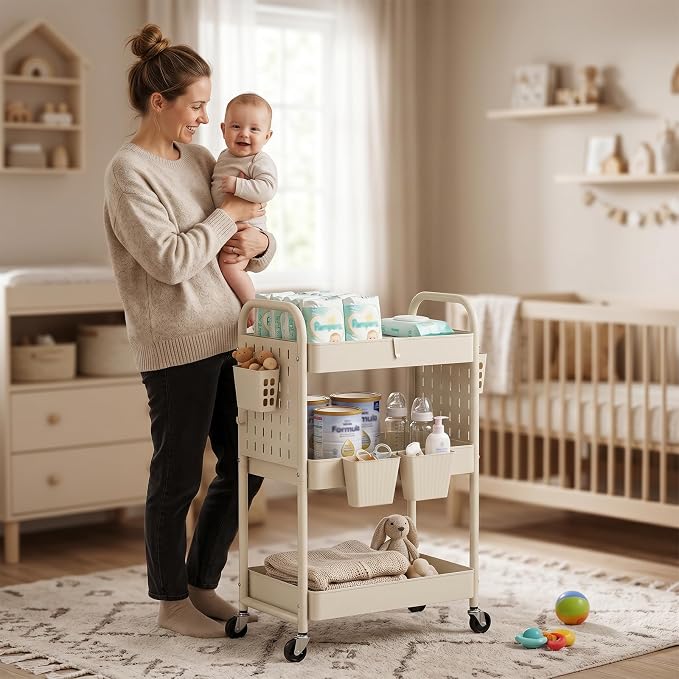 danpinera 3 Tier Rolling Cart with Retractable Dividers, Multi-Functional White Rolling Utility Cart with Pegboards, Hooks & Hanging Cups for Nursery, Living Room, Studio - Image 7