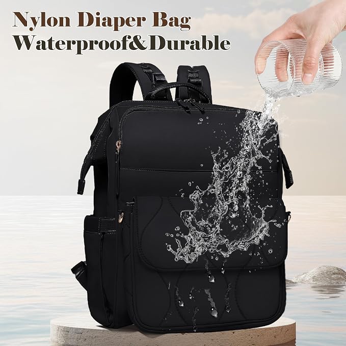 miss fong Diaper Bag Travel Diaper Backpack with Diaper Changing Pad-Black | Large Capacity ,12 Pockets Luggage Sleeve Stroller Straps Convertible Mommy Diaper Backpack for Moms Newborn Essentials - Image 5