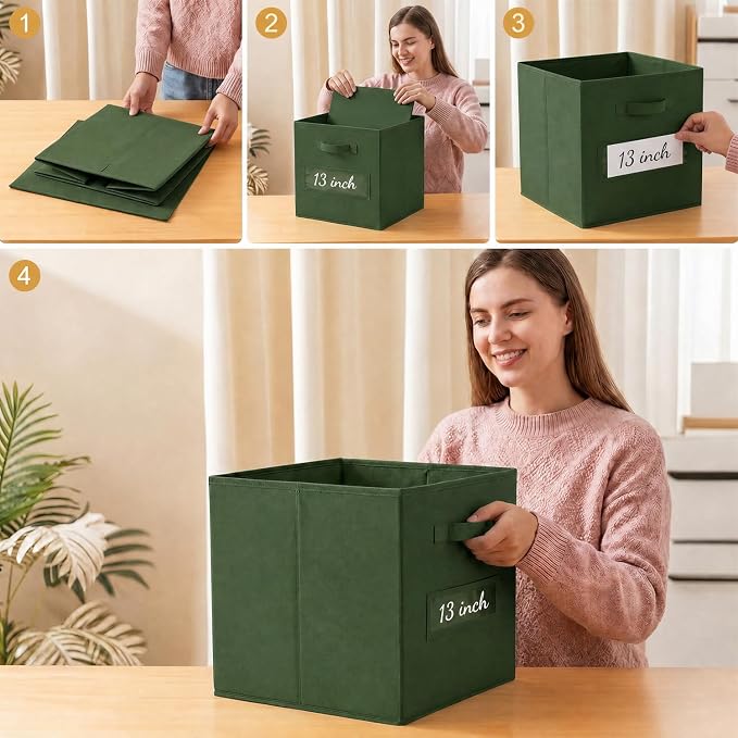 Storage Bins,13 Inch Cube Storage Bin with Labels,6pcs,Dark Green | Fabric Storage Cubes for Shelves,13 Inch storage cube bins with 6 Labels Window Cards & a Pen. - Image 5
