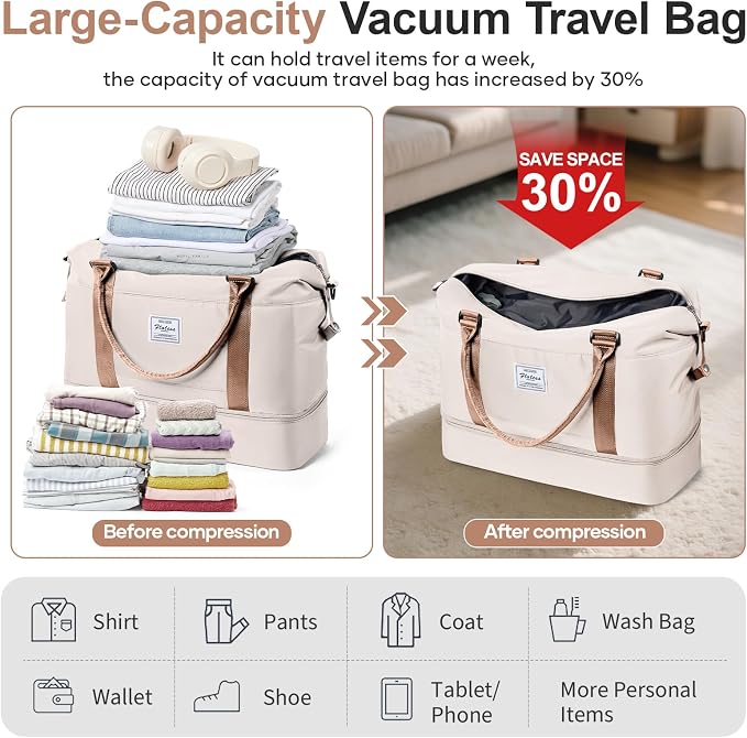 Weekender Bags for Women, Personal Item Travel Bag with Shoes Compartment | Vacuum Overnight Travel Duffel Bag with Air Pump & Compression Pocket - Image 4