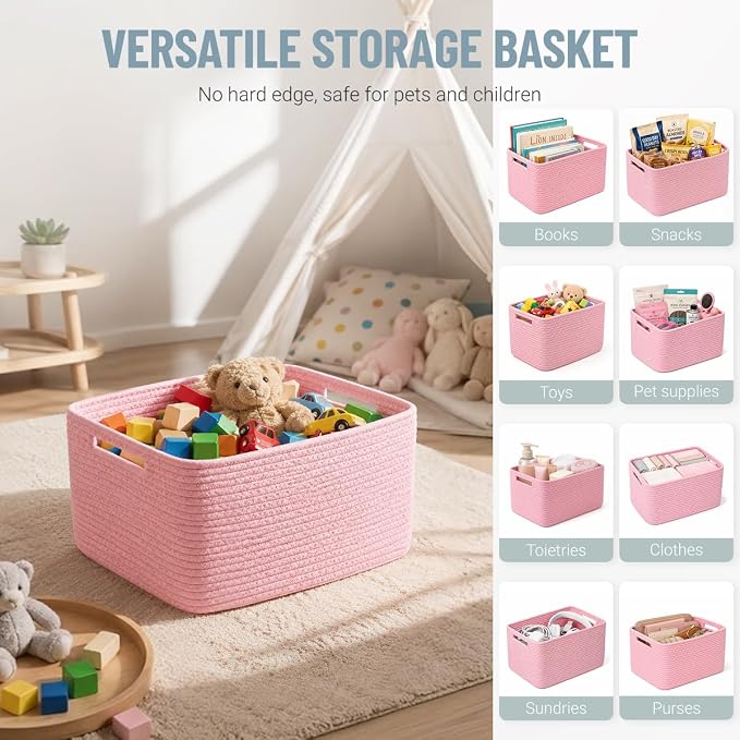 5 Pack Woven Storage Baskets, Decorative Storage Bins for Organizing | 13.8'' × 9.8'' × 7.9'', Cute Cotton Rope Basket Organizer for Closet, Shelves, bathroom, Nursery, Toys, Books, Pantry, Pink - Image 5
