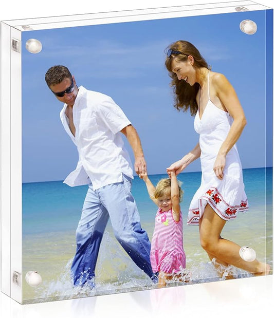 AMEITECH 4x4 Acrylic Picture Frame, Clear Double Sided Block Acrylic Photo Frames, Desktop Frameless Magnetic Photo Frames - 5 Pack | Double Sided Floating Magnetic Frames, 20mm Thick, Free Standing Desktop Display for Postcards, Pictures and Artworks by AMEITECH