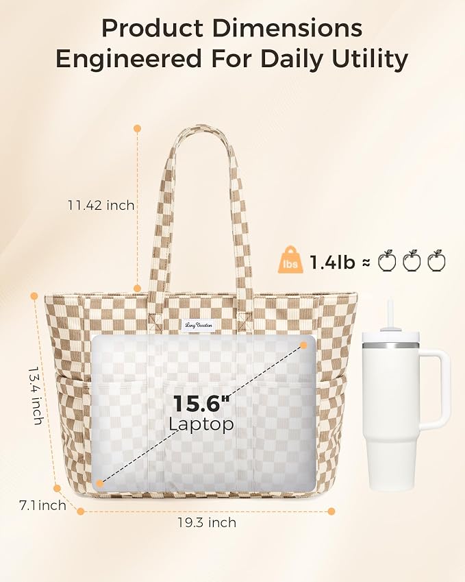 LONG VACATION Corduroy Tote Bag for Women, 16 Pockets Large Work Laptop Bag | 15.6" Laptop Compartment, 40oz Cup Holder, Lightweight, Washable, Teacher Nurse Bag for Office School Travel Gym College - Image 9