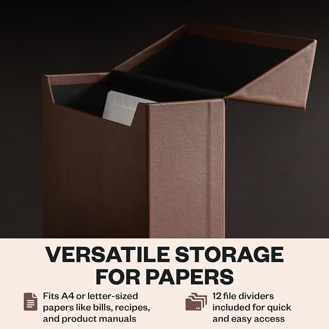 Bigso Lovisa Fiberboard Document Storage Box with 12 Folded Files for A4 and Letter Size Papers - Durable File Organizer Box with Lid and Label Holder - W3.7 x D13 x H9.4 (inches) - Recycled Leather - Image 3