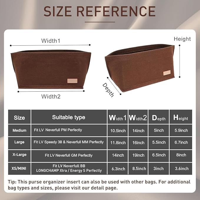 Purse Organizer Insert, Felt Bag Organizer with Base Shaper, Handbag Tote Dividers for Inside Purse Accessories, Insert for Neverfull PM, City 30 and More, Brown/M - Image 2