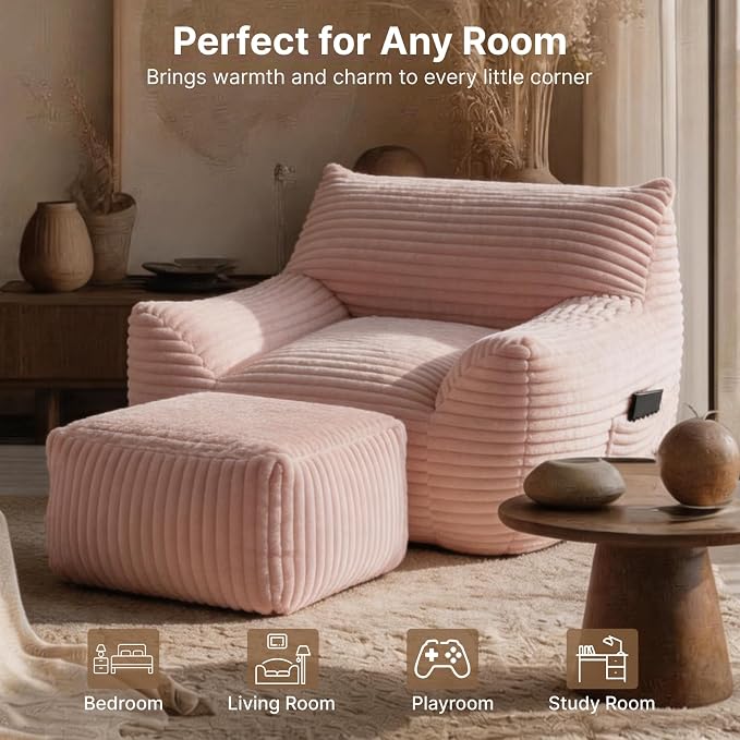 Oversized Bean Bag Chair with Ottoman, Bean Bag Couch with 2 Side Pockets, Corduroy Boneless Couch Chair in a Box, Comfy Lounge Chair for Living Room, Bedroom, Dorm, Pink - Image 8