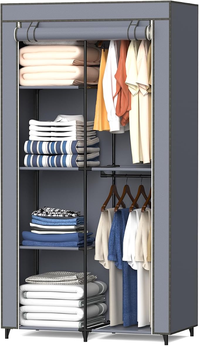 Gray Cover Portable Closet with 6 Shelves & 2 Hanging Rods | Wardrobe closet easy to assemble. Good storage functionality for basic needs. 34.6"×17.7"×66.1". Bedroom, dorm, apartment. by HODYANN