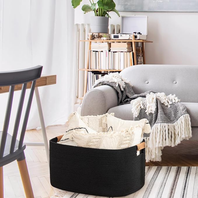 Large Woven Basket, 108 L Blanket Basket for Living Room, Nursery Bin for Toys Organizing & Laundry, Cotton Rope Hamper with Leather Handle, 25’’*16’’*16’’ Black - Image 7