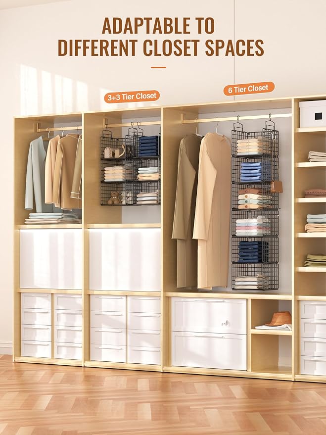 6 Tier Closet Hanging Organizer, Metal Closet Organizers and Storage with 4 Hanging Hooks 4 S-Hooks for Wardrobe Laundry Room, Wire Storage Shelf for Clothes Sweaters Pants (Black) - Image 5