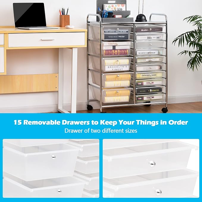 Moccha 15-Drawer Rolling Storage Cart - Under Desk Storage Drawers with wheels for Craft Art Supply Paper Salon, Scrapbook Paper Tools, Mobile Utility Cart for Classroom (15 Drawers, Clear) - Image 4