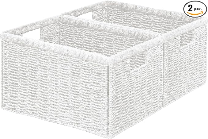 2 Packs Large Wicker Storage Basket, Closet Storage Baskets Bins for Shelves, Decorative Collapsible Baskets for Organizing Clothes Toy Nursery Bathroom Organizers and Storage, White by Vagusicc