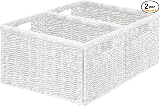 2 Packs Large Wicker Storage Basket, Closet Storage Baskets Bins for Shelves, Decorative Collapsible Baskets for Organizing Clothes Toy Nursery Bathroom Organizers and Storage, White by Vagusicc