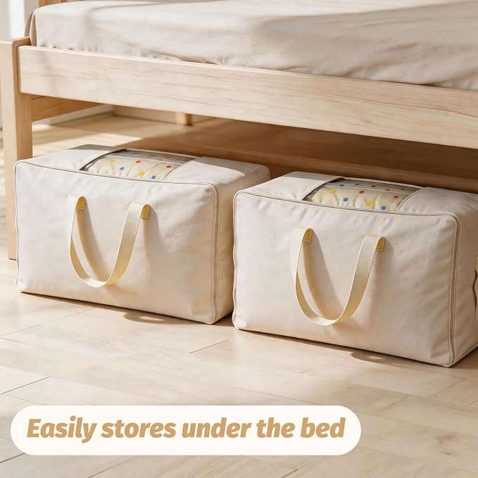 Soft Large Canvas Storage Bags with Zipper. Thick Breathable. Four Carrying Handles and Window. Cotton Linen Storage for Pillows, Quilt, Blankets and Comforter, 80L, Beige - Image 8