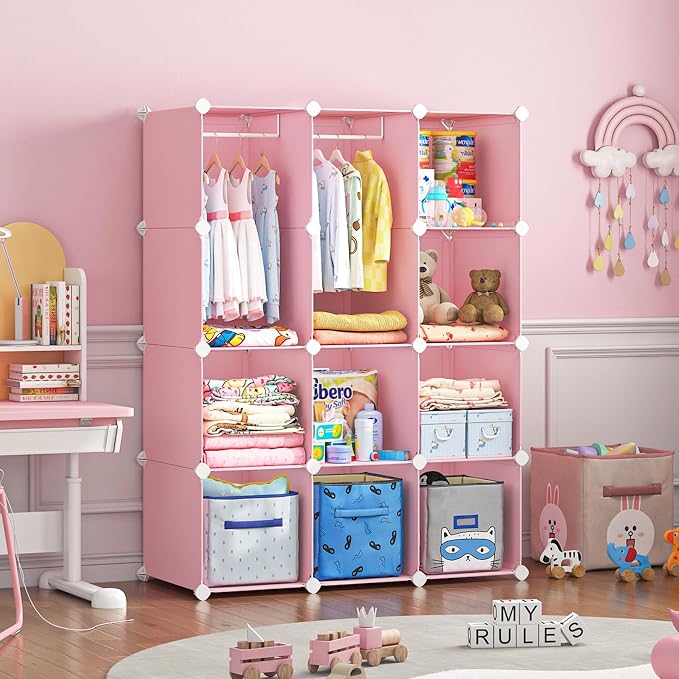 VIPZONE Baby Dresser, Kids Closet Organizers, Portable Kids Wardrobe for Closet, Bedroom, Nursery, Cubby, Cabinet, Clothes, Dress, Baby Storage Shelf, Armoire Clothes Hanging (12 Cube, Pink) - Image 3