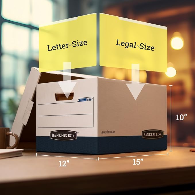 Bankers Box 12 Pack R-Kive DIVIDERBOX Heavy-Duty File Storage Boxes with Dividers, FastFold, Lift-Off Lid, Letter, White/Blue - Image 2