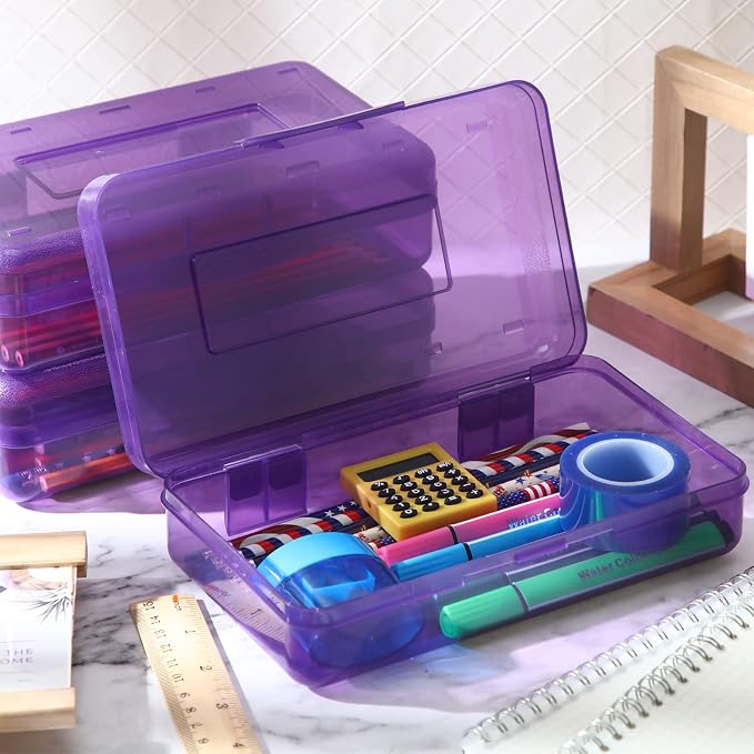 Leelosp 12 Pack Pencil Boxes Bulk, Large Plastic Case,Purple | Stackable Hard Storage Box with Snap Lid for School Classroom, Desk Drawer Organizer, Crayons Markers Kids Supplies - Image 4