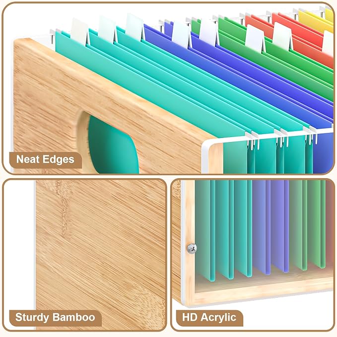 Sbanmao 3 Pack Hanging File Organizer, Acrylic File Box Organizer, Bamboo File Crate File Cabinet Storage Box, File Folder Organizer for Home Office Desk, Letter Size - Image 9