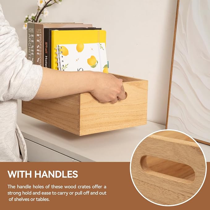 KIRIGEN Nesting Wood Crates with Handles, Set of 3 Storage Boxes Natural | 3 Different Size Decorative Box Organizer for Towels, Books, Crafts Fully Assembled - Image 4