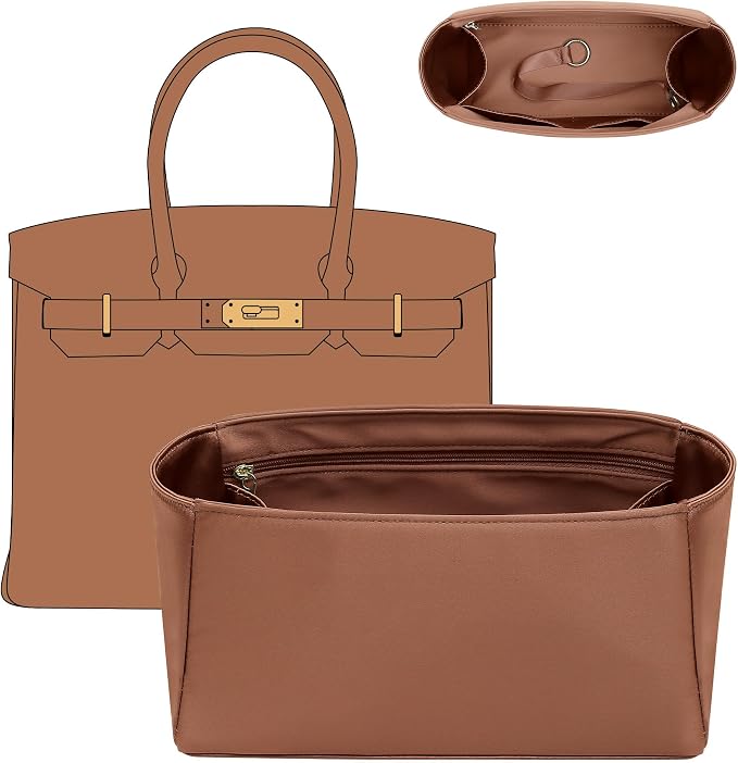 Satin Purse Organizer Insert for Hermes Birkin 25, Gold | Satin Birkin 25 Insert, 6 Pockets, Zippered Pocket, Keychain, Lightweight, Scratch Resistant, Keeps Shape, Easy Clean by Doxo