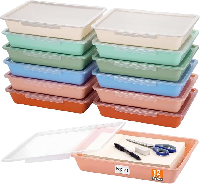 12 Pcs Classroom Paper Storage Bins with Clear Latching Lid, Label Stackable Letter Size Flat Tray Container for Teacher Back to School Supplies Home Office Desk Arts Crafts (Boho,13x10in) by Tinlade