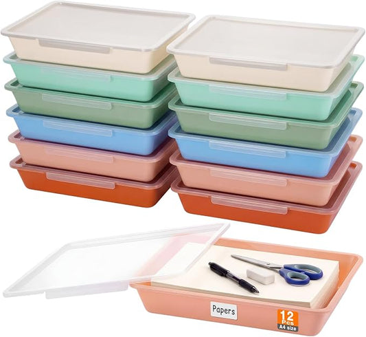 12 Pcs Classroom Paper Storage Bins with Clear Latching Lid, Label Stackable Letter Size Flat Tray Container for Teacher Back to School Supplies Home Office Desk Arts Crafts (Boho,13x10in) by Tinlade