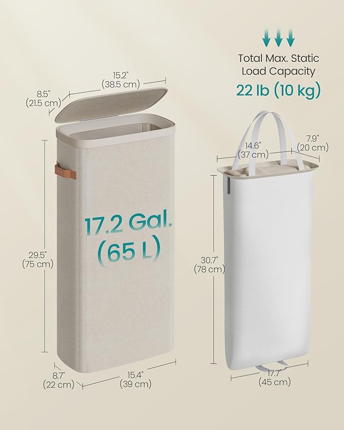SONGMICS Laundry Basket, 17.2 Gal. Laundry Hamper, Easy Assembly, with Lid and Handles, Removable Liner, 15.4 x 8.7 x 29.5 Inches, Cappuccino Beige ULCB810LH01 - Image 6