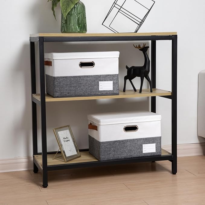 Foldable Storage Bins with Lids [3-Pack] Fabric Collapsible Storage Boxes Baskets Cubes Containers with Handles for Closet Living Room Bedroom (Grey & White 14.9x9.8x9.8'') - Image 2