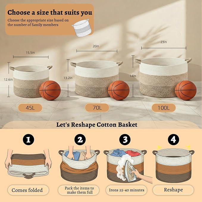 Artfeel 70L Large Cotton Rope Basket, Decorative Woven Blanket Storage for Living Room, Boho Toy Storage & Toy Box for Kids, Versatile Laundry Basket & Nursery Hamper for Blankets(BrownYellow) - Image 6