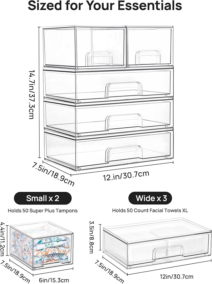 Vtopmart Clear Stackable Storage Drawers Set of 5, Plastic Organizer Bins | Multi-purpose Boxes for Bathroom Accessories, Beauty Supplies, Ideal for Cabinet, Shelf, Pantry, Laundry Room Organization - Image 2