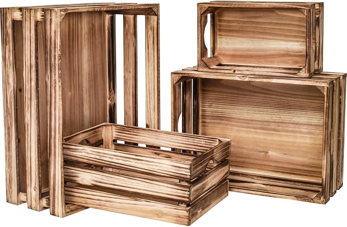 Large Wooden Crates Set of 4 Decorative Storage Box with Handles, Rustic Torched Brown Farmhouse Wooden Crates for Display, Organizer Container Baskets Box for Kitchen, Pantry, Bedroom by UPPER+DECOR