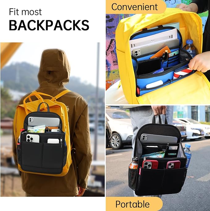 Large Premium Wider Rugged Backpack Organizer Insert for Men Women Work Travel -19 Pockets, Padded Nylon-Black - Image 8