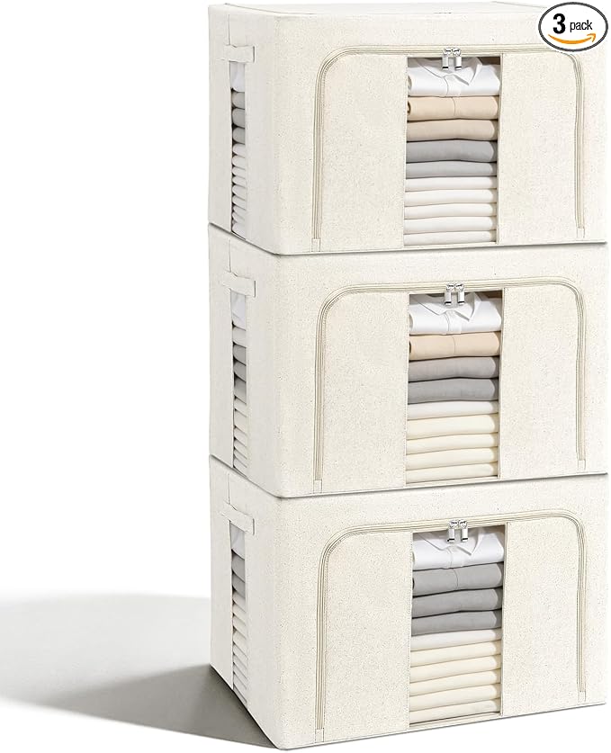 3 Pack Clothes Storage Bins with Metal Frame,Foldable Storage Bin with Lid for Clothes,Stackable Cotton Linen Fabric Organizer Set with Carrying Handles and Clear Window(Beige, 66L) by Unknown