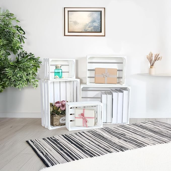 Large Wooden Crates, Set of 5 Wood Crates with Handles, Rustic Whitewashed Farmhouse Wooden Crate for Display, Wedding Birthday Home Party Living Room Kitchen Decoration - Image 5