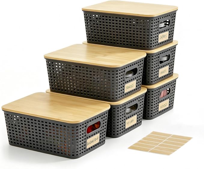 Small Plastic Storage Bins with Bamboo Lids 5.2qt Stackable Box Basket Pantry Decorative Containers Cute with Lable for Organizing Desktop Closet Office Gray of 6 packs 10 * 7.2 * 4.1" by Bagnizer