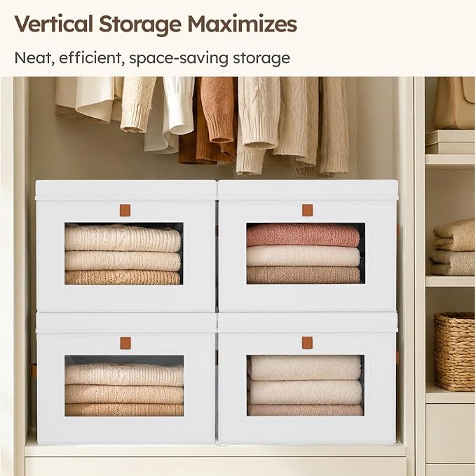 Storage Bins with Lids - Front Opening Storage Box with Clear Window & Handles, Stackable Foldable Fabric Bins for Closet Organization, Clothes, Sweaters, Towels, Blankets, 3 Pack, White - Image 5