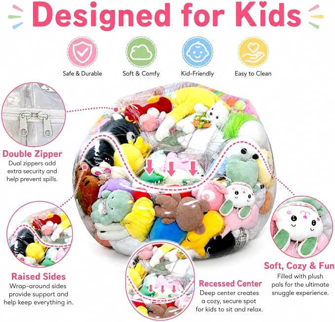 Clear Stuffed Animal Storage Bean Bag Chair Cover for Kids with Zipper | Transparent Waterparoof Wipe Clean Thicker PVC, Holds 100+ Stuffed Animals, Double Zipper for Plush Toys Storage & Organizing - Image 6