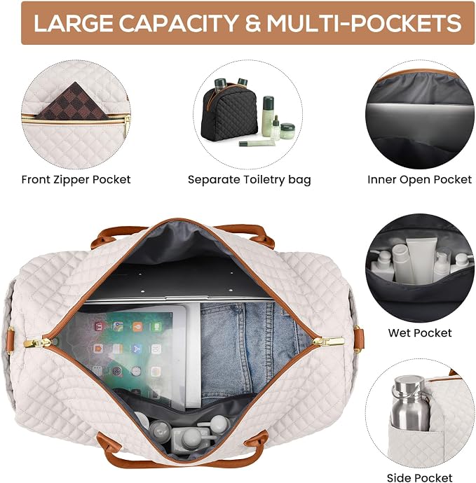 Travel Weekender Duffle Bags for Women - Duffel Bag with Shoe Compartment Carry On Overnight Bag with Toiletry Bag with Wet Pocket for Gym Hospital Bags for Labor and Delivery Black White Brown - Image 2