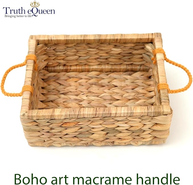 Water Hyacinth Storage Baskets For Organizing, Wicker Baskets For Storage With Macrame Handle, Small Woven Basket Small Wicker Blanket Basket For Organizing, Rectangular Woven Blanket 12x9x5 In - Image 3