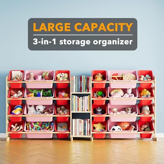 SpaceAid Large Toy Storage Organizer with 24 Bins and 3 Shelves, Toy Organizers Storage Bookshelf, Kids Bin Shelf Box Bookcase for Bedroom Playroom Organization Room Decor, Red and Pink - Image 3