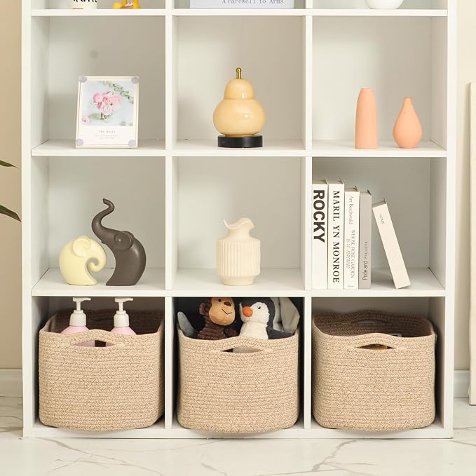 ICERZCZ Large Storage Baskets for Organizing Shelves, Woven Cotton Rope Bins for Baby Nursery Organization, Book Toy Towel Organizer, 17"x13"x9.5", 3 Packs, Brown - Image 5
