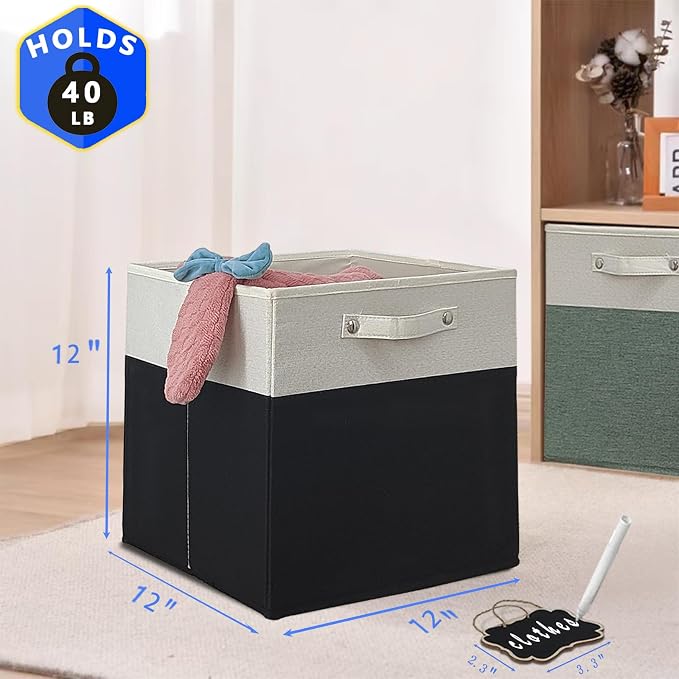 12 inch storage bins,Set of 4 Collapsible Fabric Storage Cubes with Labels,Linen Cube Storage Organizer Bins Kallax Storage Cubes for Organizing Office,Shelves,Nursery Toys,Clothes(White Black). - Image 4
