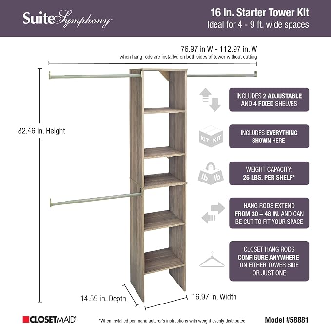 ClosetMaid SuiteSymphony Wood Closet Organizer Starter Kit with Tower and 3 Hang Rods, Shelves, Adjustable, Fits Spaces 4 – 9 ft. Wide, Natural Gray - Image 3