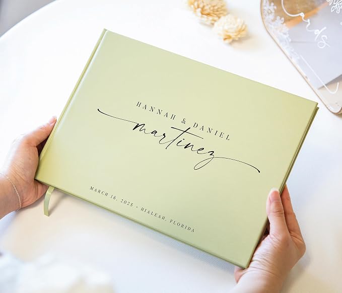 Personalized Guest Book - 11.5" x 8.5" Custom Bride & Groom Names with Bookmark and Hard Cover 140 GSM Blank Pages, for Weddings Guest Book, Engagements, Birthdays, Special Events, Sage - Image 6