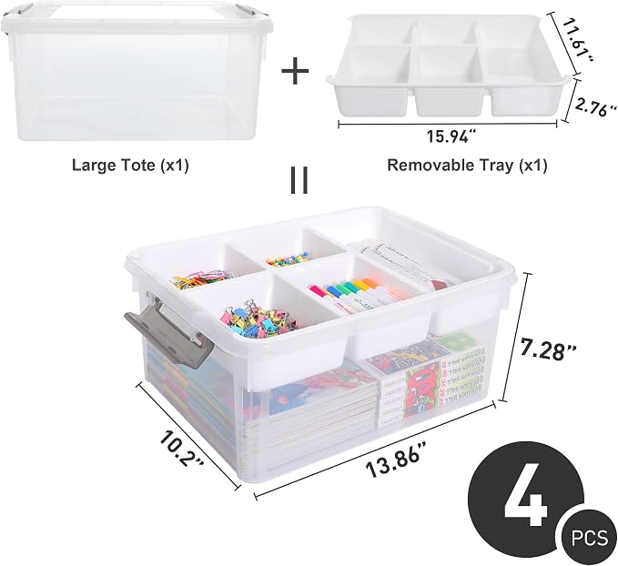 Citylife 17QT 4Packs Clear Craft Organizers and Storage Box with Tray | Stackable Art Supply Organizer Storage Bins with Lids for Beads, Markers, Sewing, Tools, Files, Office Supplies, Made in USA - Image 2