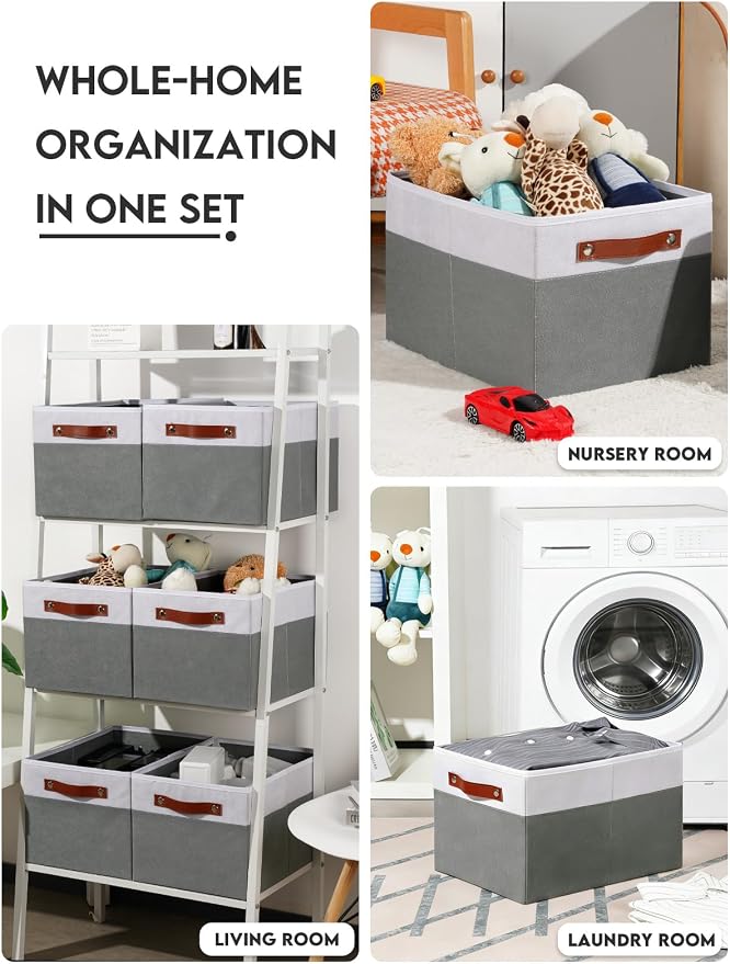 [6-Pack] Fabric Storage Bins (15x11x9.5 ) Reinforced 2.5mm Cardboard Shelf Bins with PU Leather Handles Durable Storage Baskets for Closet Organization, Toy Organizer, & Home Office White&Grey - Image 6