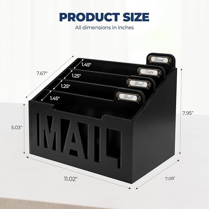 Mail Organizer Countertop, Desktop Mail Sorter with 4 Slots & Labels, Black | Bills, Letters, Envelopes & Receipts - Image 3