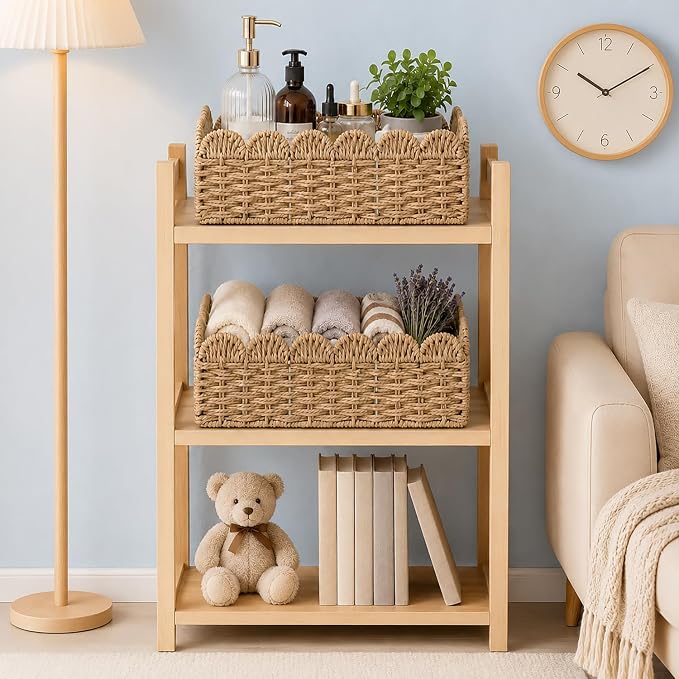 4 Pack Foldable Scalloped Basket, Handwoven Wicker Storage Baskets for Shelves Books Toys Towels, 14" L x 10.5" W x 6" H Natural Paper Rope Rattan Baskets for Organizing Boho Farmhouse Home Decor - Image 7