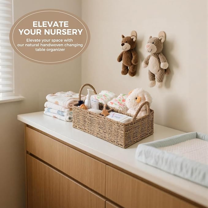 Diaper Caddy Organizer, Hand Rattan Nursery Baby Basket Changing Table Organizer for Baby Essentials, Baby Shower Gifts, Versatile Shelf Basket Bathroom/Kitchen Organizer (Natural Beige, L) - Image 2